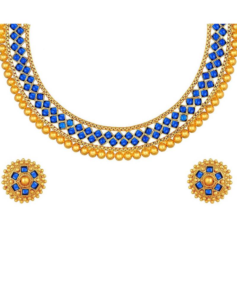 Golden Ball With Blue Stone Traditional Brass Necklace Jewellery Set With Earrings For Women Girls